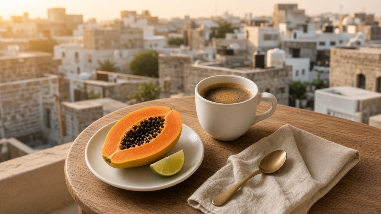 Breakfast fruit and coffee at Pollina Guesthouse